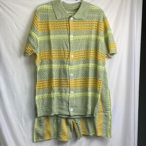 Striped Crocheted Button-Up Shirt and Shorts Swim Coverup